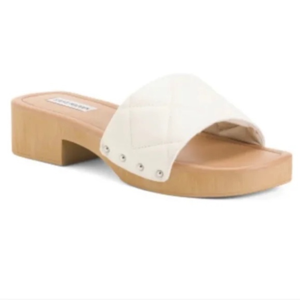 Steve Madden White Olad Quilted Faux Wood Slides Sandals